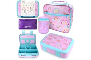 KINSHO Bento Lunch Box with Thermo for Kids Set, Insulated Lunch Bag with Ice Pack, Stainless Steel Food Jar for Hot Soup, Boxes with 4 Compartments for Girls Toddler Snacks Lunches, Purple Rainbow