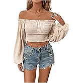 Floerns Women's Off The Shoulder Long Lantern Sleeve Blouse Frill Trim Textured Ruched Crop Top