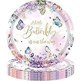 mdgfge Floral Paper Plates Watercolor Butterfly Disposable Plates 9 Inch Dinner Dessert Purple Flower Tableware Plate for Spring Birthday Anniversaries Wedding Party Favor Table Decor Supplies(24Pcs)