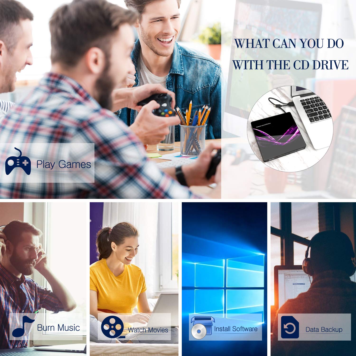 Masterizzatore DVD Externo, Unità CD Esterna USB 3.0 Tipo C Porta doppia - AMIGIK Lettore OtticoPortatile CD DVD +/-RW ROM per Computer Portatile Taccuino Windows 10/8/7/XP, Linux, MacOS, Vista7/8