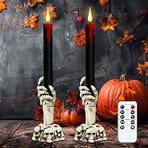 GenSwin Halloween Black Taper Flameless Candles with Ghost Hand Candlesticks and Remote Timer, 2 Pcs Battery Operated Taper Candles with Holder and 3D Flame for Halloween Decor