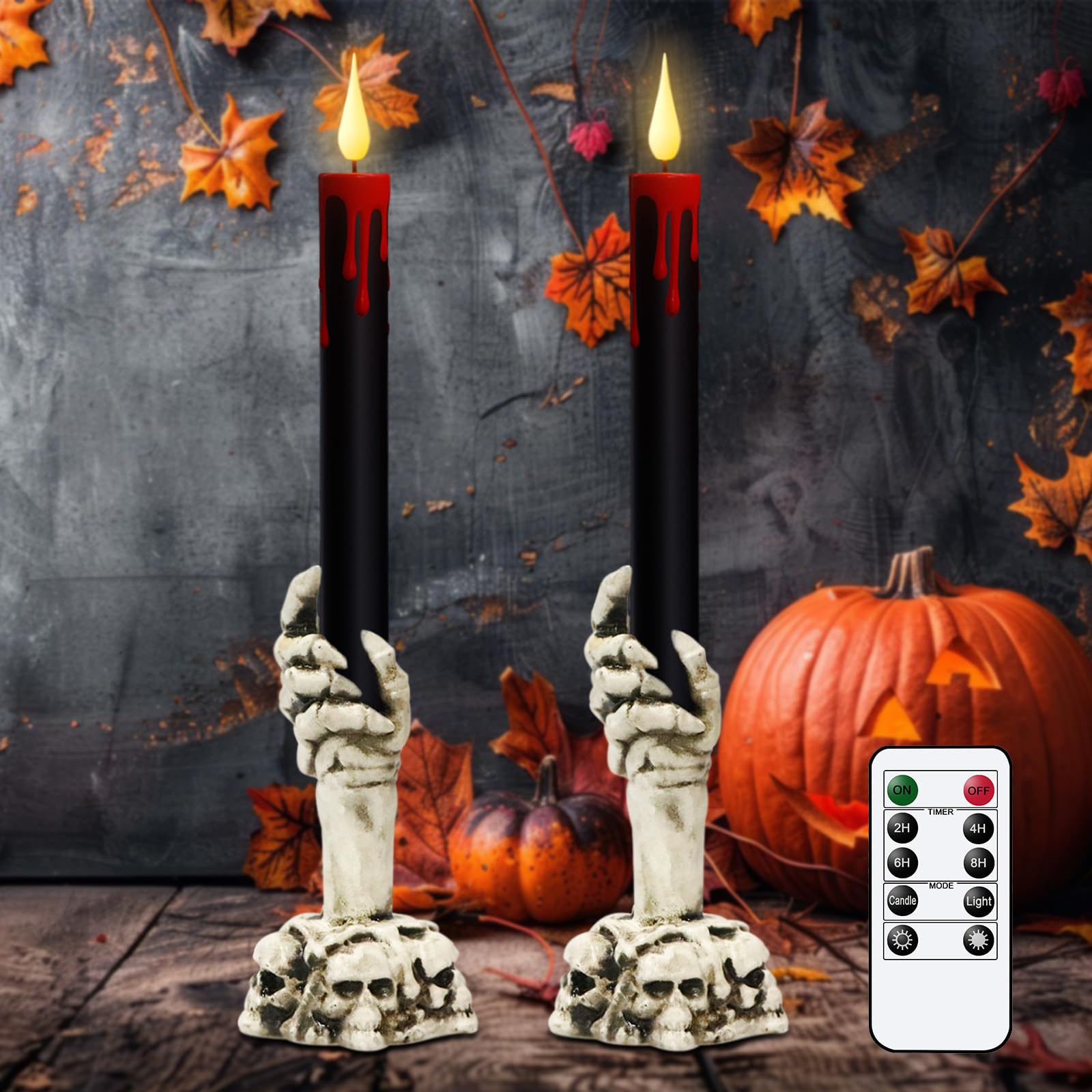 Photo 1 of GenSwin Halloween Black Taper Flameless Candles with Ghost Hand Candlesticks and Remote Timer, 2 Pcs Battery Operated Taper Candles with Holder and 3D Flame for Halloween Decor