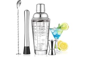 SAVORLIVING 14oz Glass Cocktail Shaker Set, 4PCS Bartender Kit, Martini Mixer Shaker with Built-in Strainer, Mixing Spoon, Me