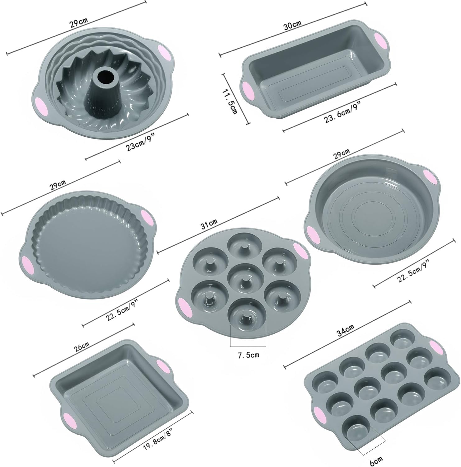 To encounter 31 Pieces Silicone Bakeware Set - 7 Silicone Baking Cake Pans - 24 Silicone Cake Molds Non Stick Muffin Cups Liners with Metal Reinforced Frame More Strength (Light Gray with Pink): Kitchen & Dining
