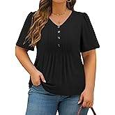 Cakrisyal Womens Plus Size Babydoll Peplum Cute Tops Summer Pleated Puff Sleeve V Neck Shirts Oversized Casual Tunic 1X-5X