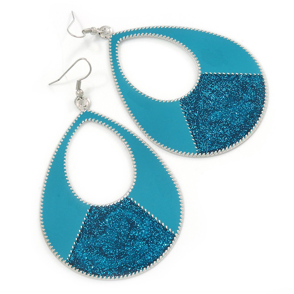 Large Teal Enamel With Glitter Oval Hoop Earrings/Silver Tone/ 90mm L
