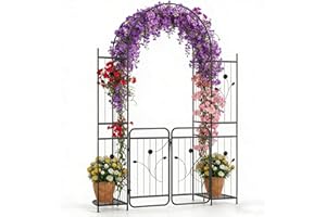 IRONMAX 87" Garden Arch with Gate & Planter Shelves, Heavy Duty Metal Arbor with Decorative Flower Accents, Outdoor Wedding B
