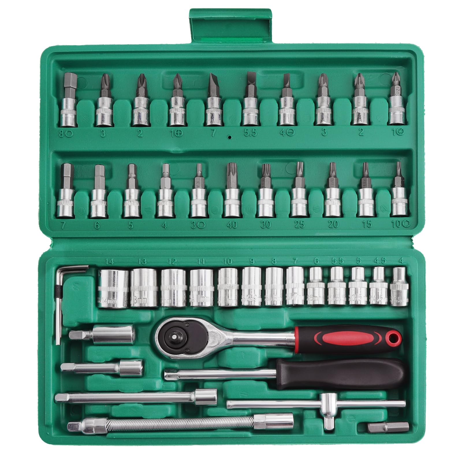 WiMas 46PCS Socket Wrench Set, Ratchet Socket Set, Metric Drive Socket Wrench Ratchet Tools Kit, Screwdriver Bits Auto Vehicle Repair Tool 1/4 Inch