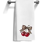 WOOGCHEIR Coquette Leopard Bow Cherry Kitchen Towels,Cherry Bow Dish Tea Towels for Kitchen Bathroom Decor, 16x24 Inch