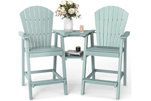 FOOWIN Tall Adirondack Chair Set of 2, All Weather HDPE Bar Height Adirondack Chair with Double Connecting Trays, Adirondack Barstools for Balcony, Deck, Backyard, Patio, Garden Aruban Blue