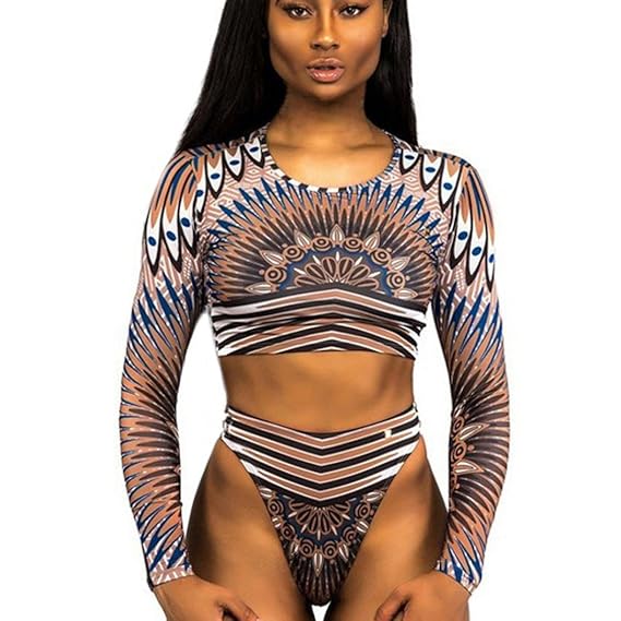 Malloom® Sexy Frauen Langarm Print Bikini Badeanzug Set Surfen Hipster Bikini Bademode Damen Langarm Split Badeanzug Anzug