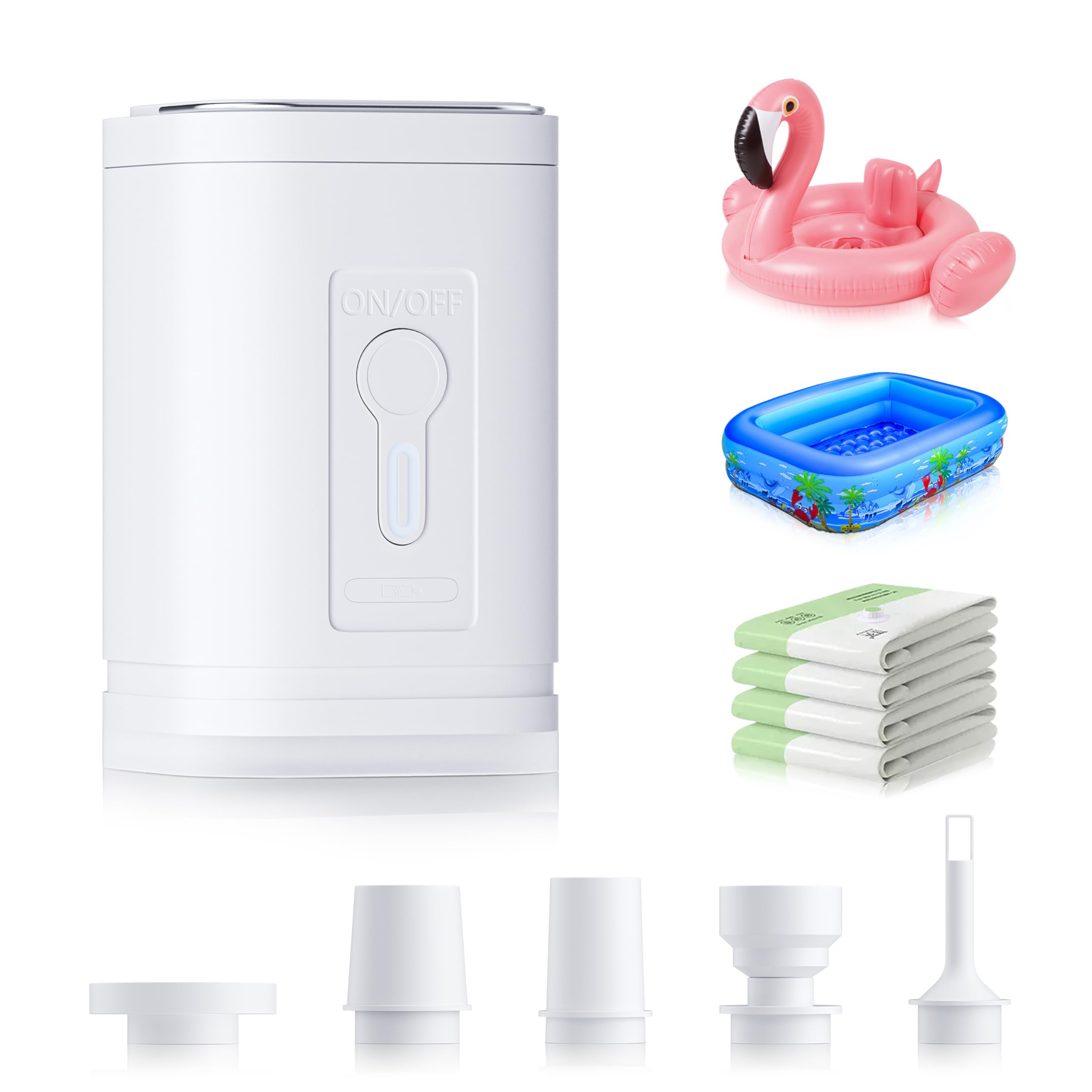 Photo 1 of Air Pump for Inflatables Portable Air Pump with LED Light 3 Modes, Electric Mini Tiny Type C Rechargeable, Quickly Inflate & Deflate for Swimming Ring, Toys, Pool Float, Deflate Storage Bag – White