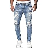HUNGSON Men's Blue Slim Fit Jeans Stretch Destroyed Ripped Skinny Jeans Side Striped Denim Pants