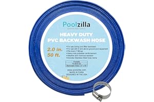 Poolzilla 2" x 50' Heavy Duty Swimming Pool Backwash Hose - Extra Thick PVC Drain Hose For Above Ground Pools and Inground Pools-Designed For Maximum Flow - 1 Hose With Stainless Steel Clamp