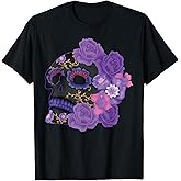 Souls Day Muertos Day Of Dead Purple Floral Sugar Skull T-Shirt