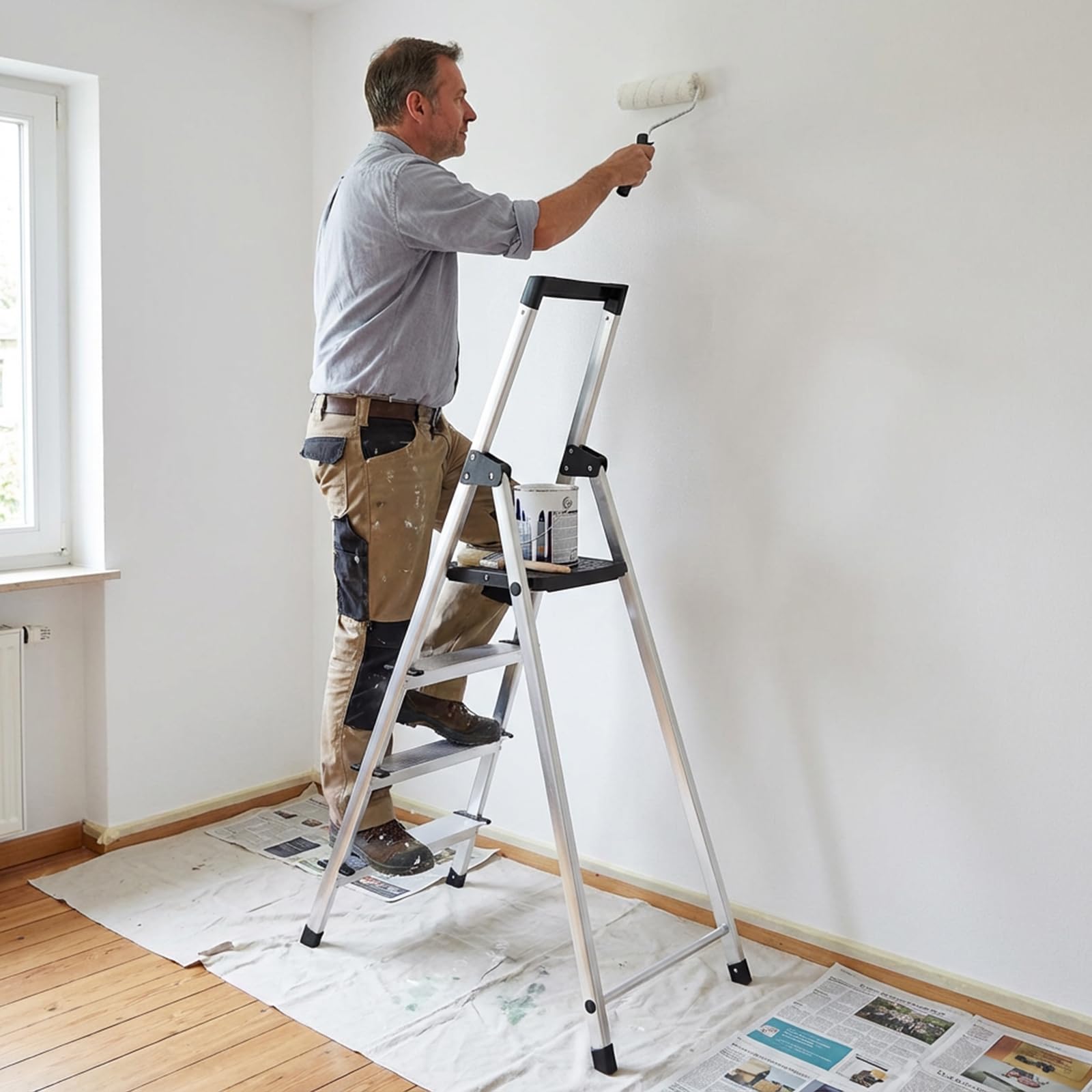 Sekey Aluminium Trittleiter 4 Stufen (140 cm), Klappbar, mit Werkzeugablage, rutschfest, bis 150 kg Belastbar, TÜV EN131-2, für Haushalt, Garage & Garten 2