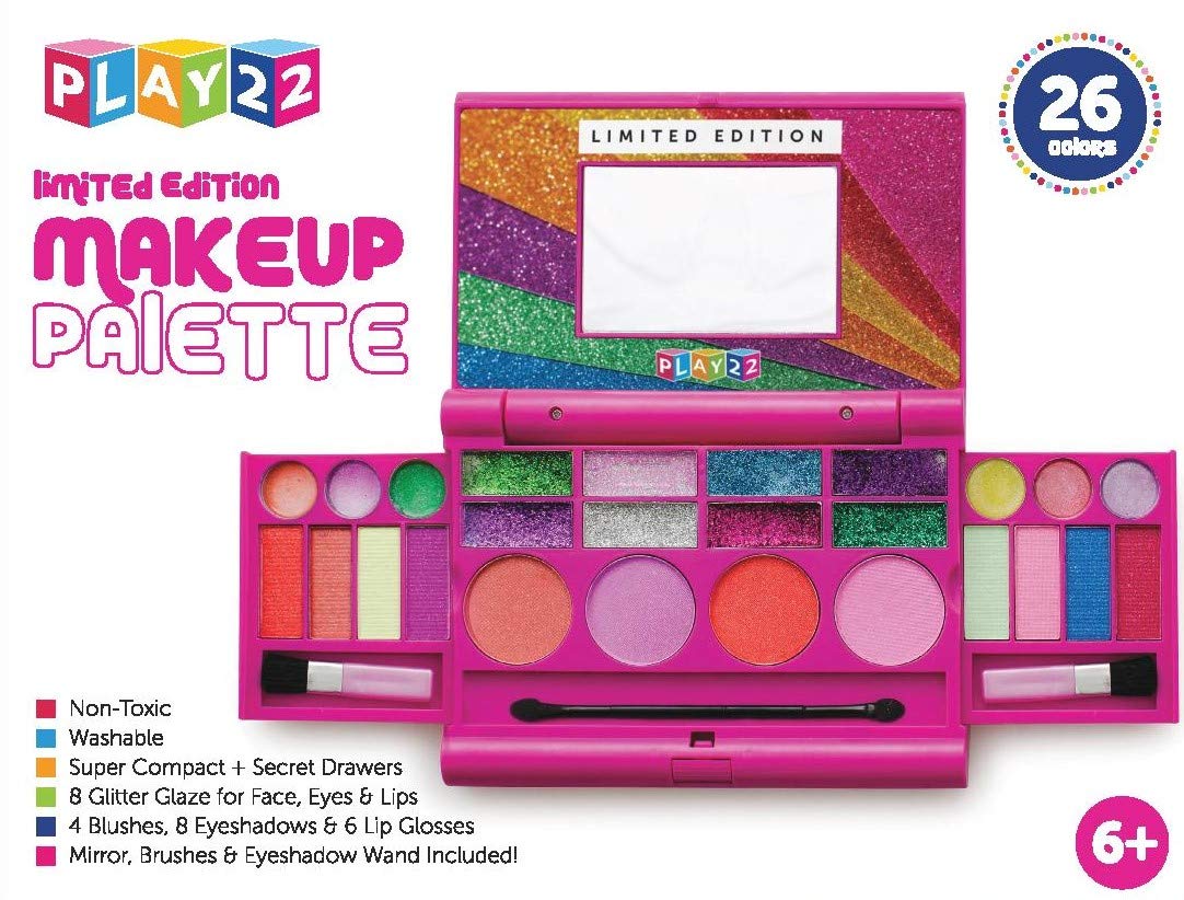 Play22 Real Washable Kids Makeup Palette For Girl - My First Princess Make Up Set Include 4 Blushes, 8 Eyeshadows, 6 Lip Glosses, 8 Glitter Glaze, Mirror, Brushes, Eyeshadow Wand - Best Gift