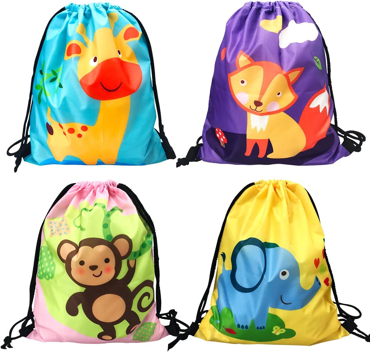 Cieovo 4 Pack Jungle Woodland Animal Party Favors Bags, Reusable Goodie Treat Gift Drawstring Bag Storage Tote Bag Printed Animal Backpack for Baby Shower Party Favors Candy Gift Bags Wrappers Bags