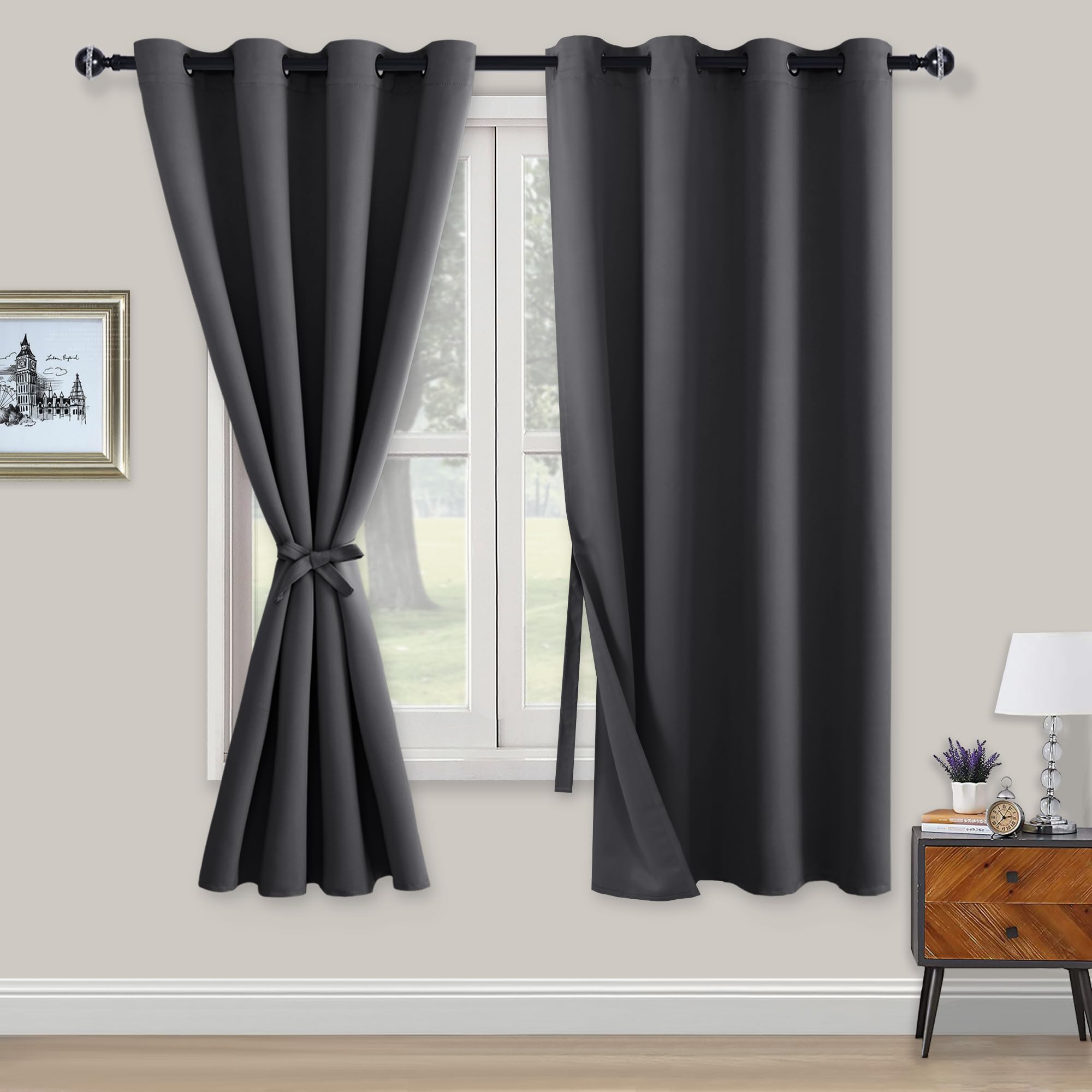 XWZO Blackout Curtains Shades Window Curtain Panels with Tiebacks- Noise Reduction and Thermal Insulated Eyelet Curtains for Bedroom,Living Room,Office,Study Room Dark Grey W52xL63