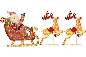 Hykolity 2.5D Santa Sleigh Ride Iron Outdoor Christmas Decoration, 170 Warm White LEDs with UL Transformer, Stained-Glass Fabric Figures Yard Decor