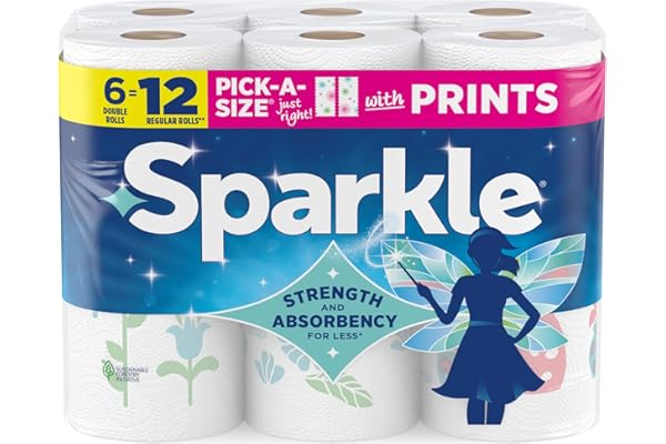 Sparkle Pick-A-Size Paper Towels, Spirited Print Design, 6 Double Rolls (660 Sheets Total) - Strong 2-Ply Towels for Kitchen Cleanup and Everyday Messes