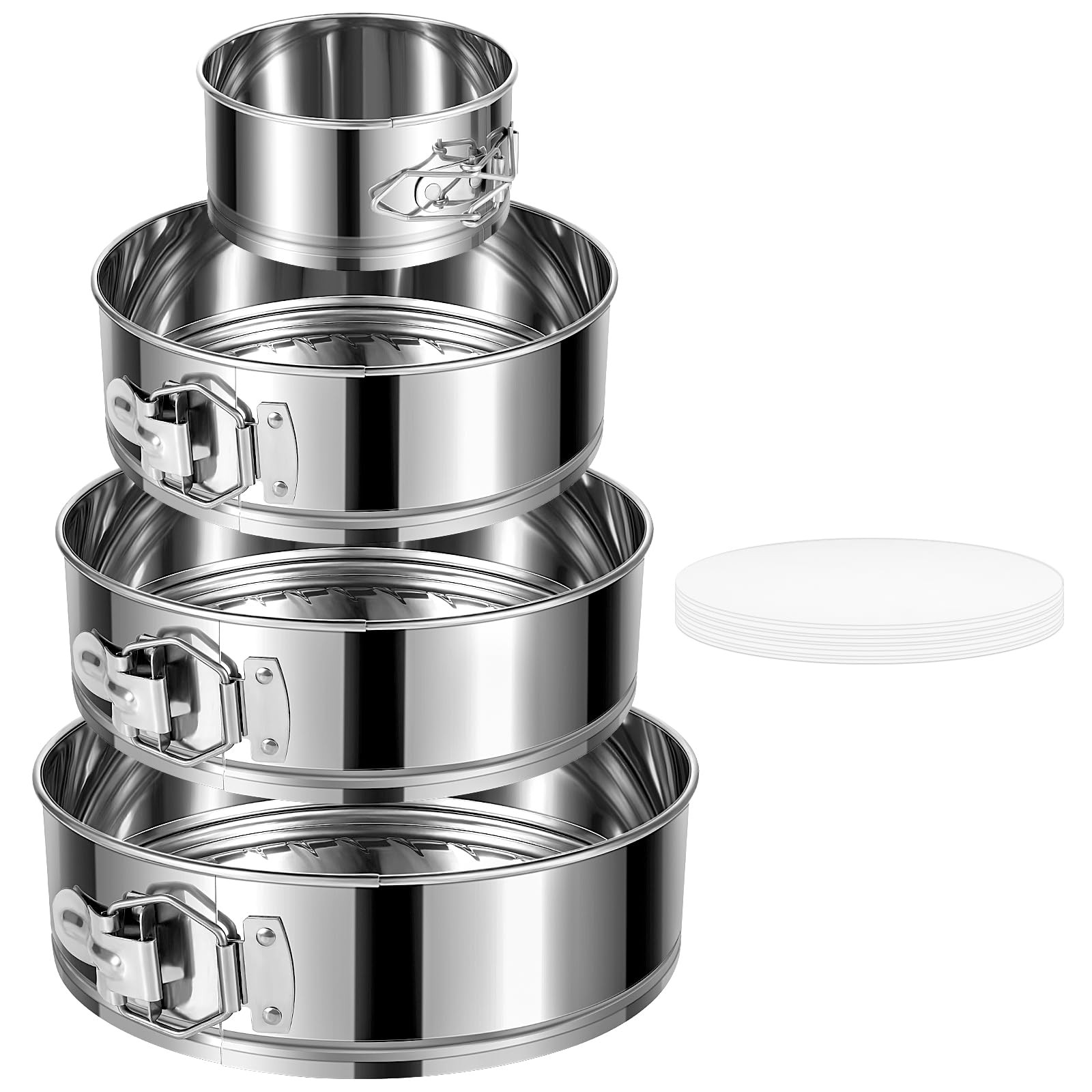 E-Gtong 4" 7" 9" 10" Springform Pans Set of 4, Stainless Steel Cheesecake Pan with Removable Bottom, Leakproof & Nonstick Springform Cake Mold for Baking with 50 Pcs Paper Liners Image