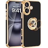 Fingic for iPhone 16 Case[with 360°Rotatable Ring Holder][Support Magnetic Car Mount]Shiny Plating Gold Slim Thin Soft TPU Rugged Bumper Shockproof Case for iPhone 16 for Women Men,6.1 inch,2024,Black