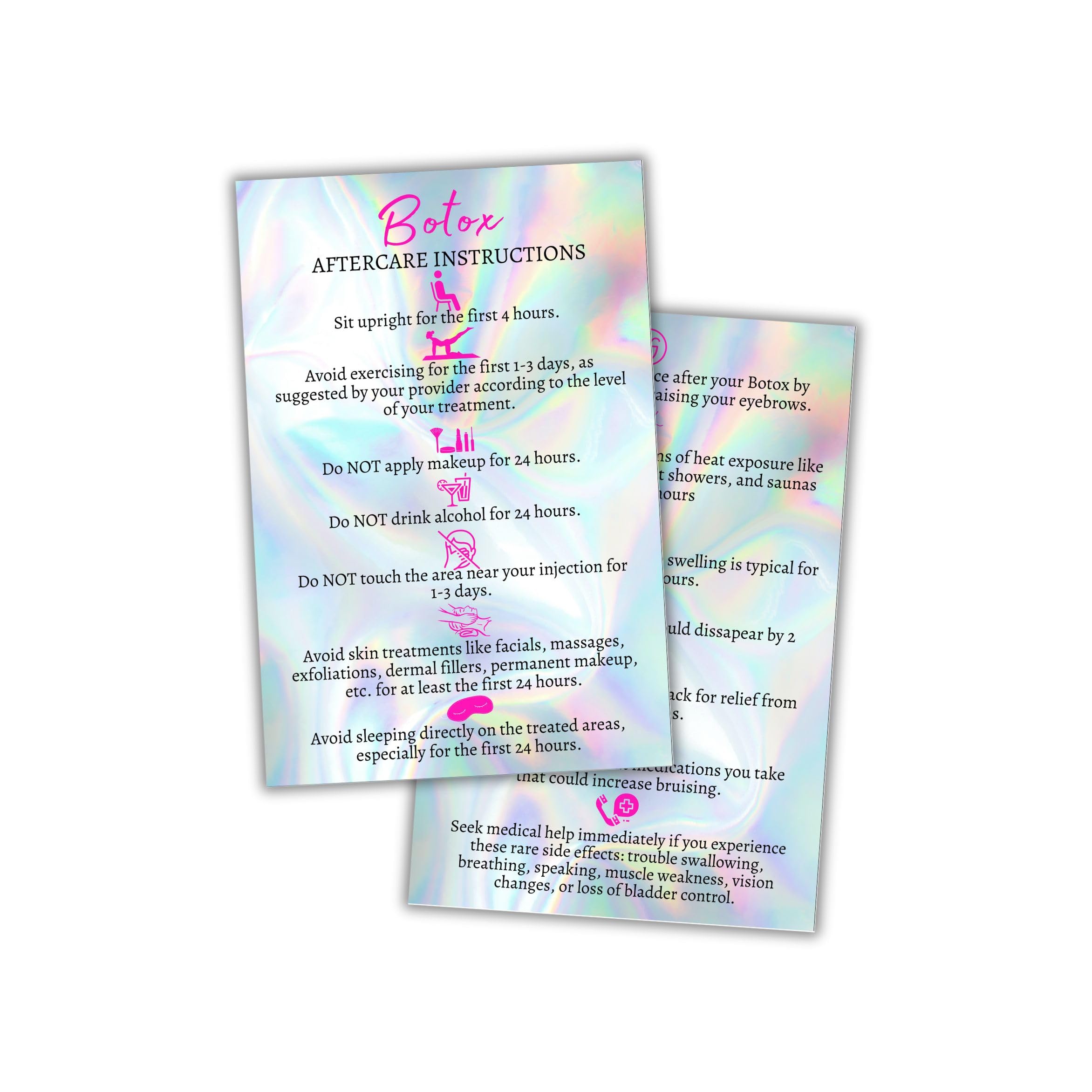Boutique Marketing LLC Botox Filler Injection Aftercare Instruction Card | 30 Pack | Physical Printed 4x6” inches Postcard Size | Rainbow Background Fake Holo
