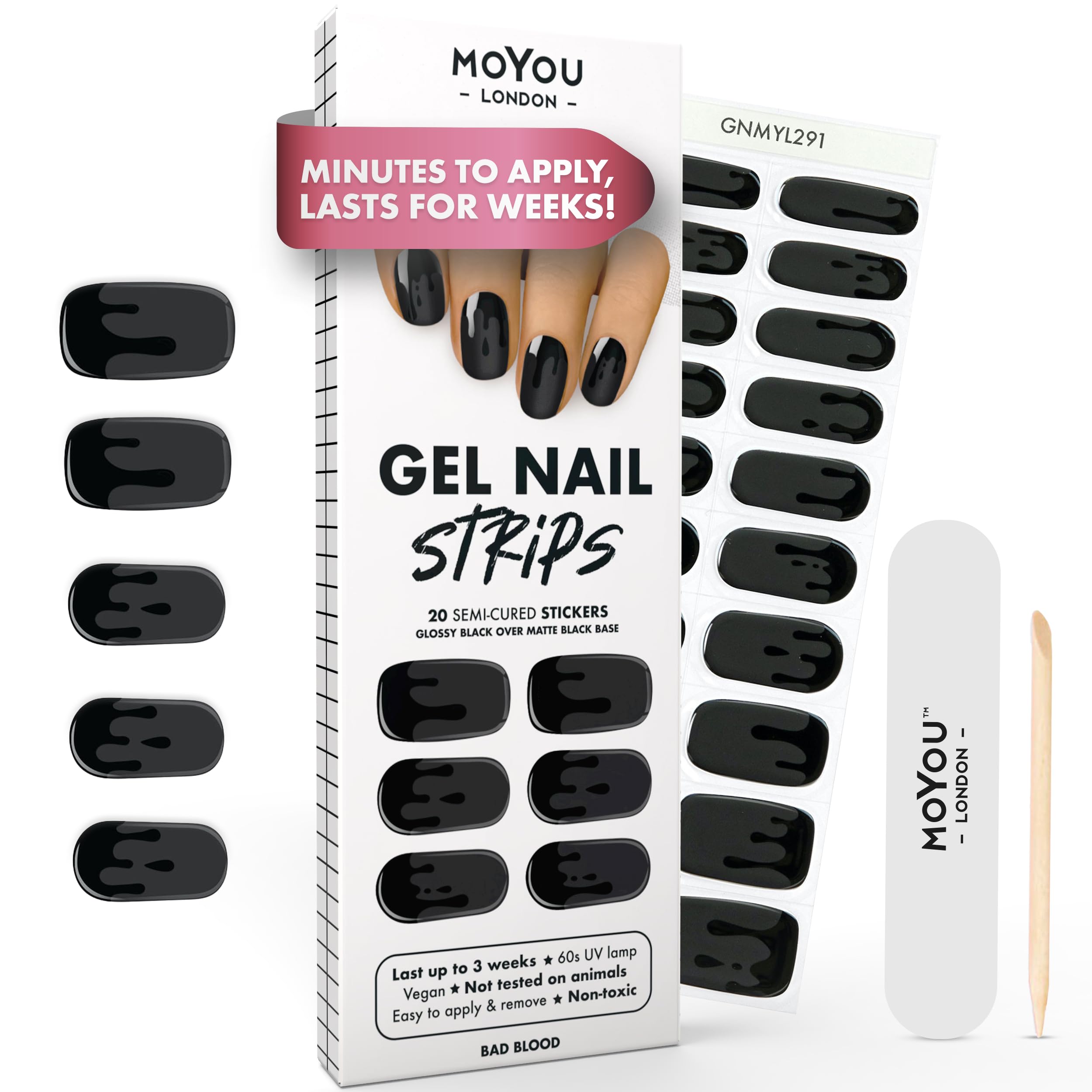 MOYOU LONDON Semi Cured Gel Nail Strips - 20 Pcs. Waterproof Gel Nail Wraps, Cures in Sunlight or UV/LED Lamp, Lasts Up to 2+ Weeks, Stretchable, Easy to Apply & Remove, Vegan & Cruelty-Free