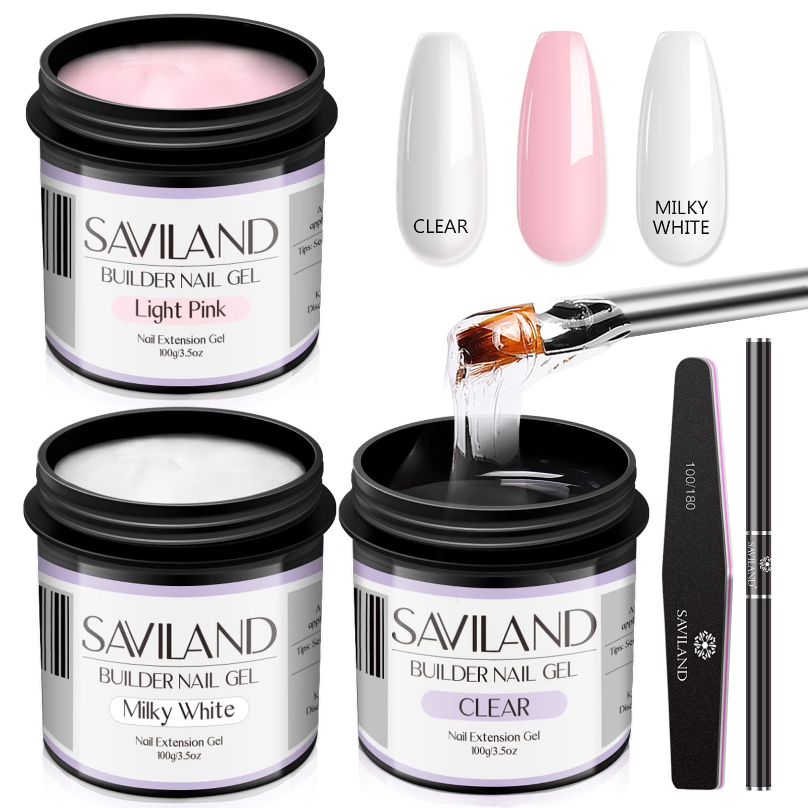 Saviland 3PC Builder Nail Gel Kit – 3.53oz Clear & Light Pink & Milky White Hard Gel for Nails Kit with Gel Nail Brush Large Capacity Soak-off U V Nail Gel for Nail Extension & Repair for Salon Home