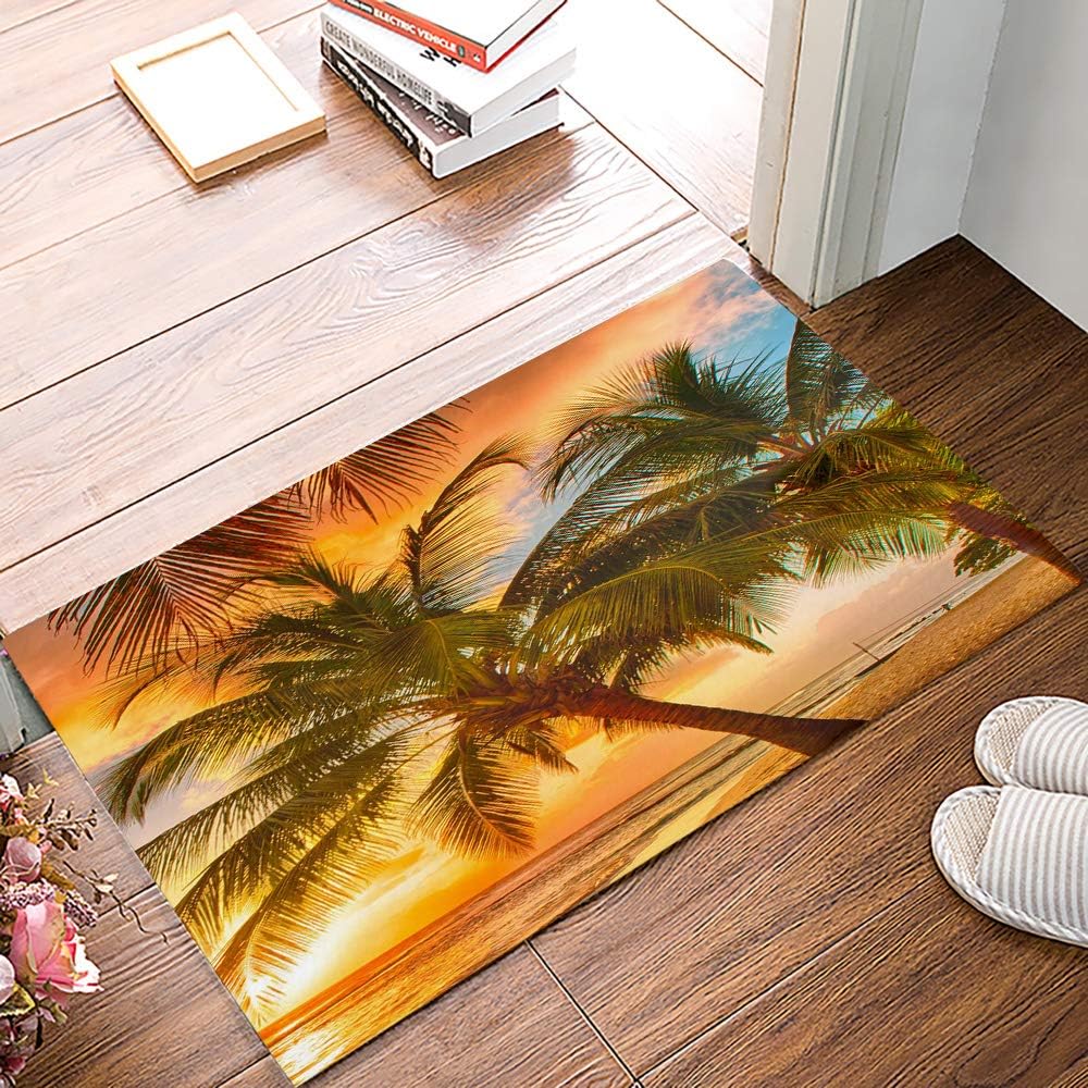 Alago Tropical Beach Palm Trees Sunrise Doormats Entrance Front Door Rug Outdoors/Indoor/Bathroom/Kitchen/Bedroom/Entryway Floor Mats,Non-Slip Rubber,Low-Profile