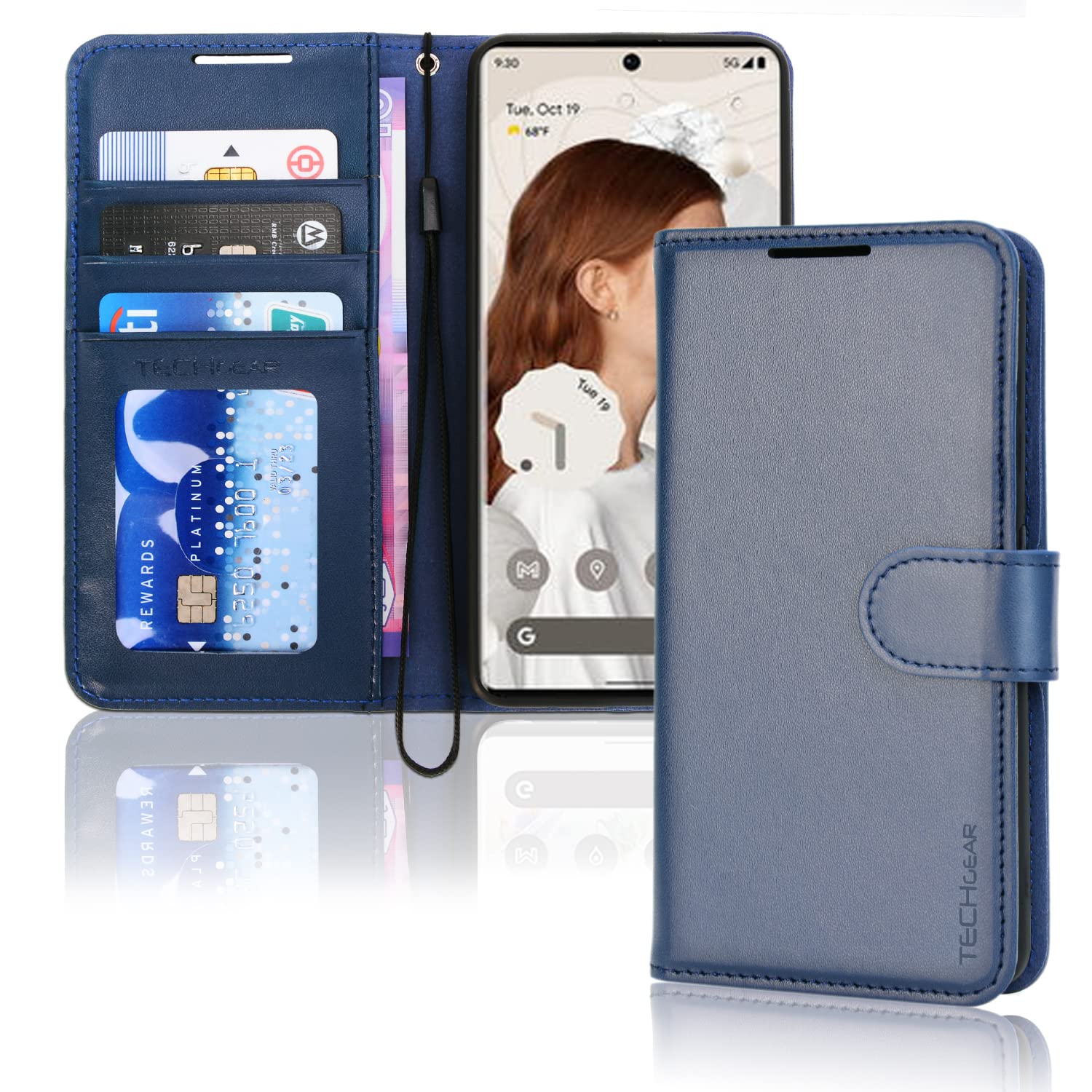 TECHGEAR Pixel 7 Pro Leather Wallet Case, Flip Protective Case Cover with Wallet Card Holder, Stand and Wrist Strap - Blue PU Leather with Magnetic Closure Designed For Google Pixel 7 Pro