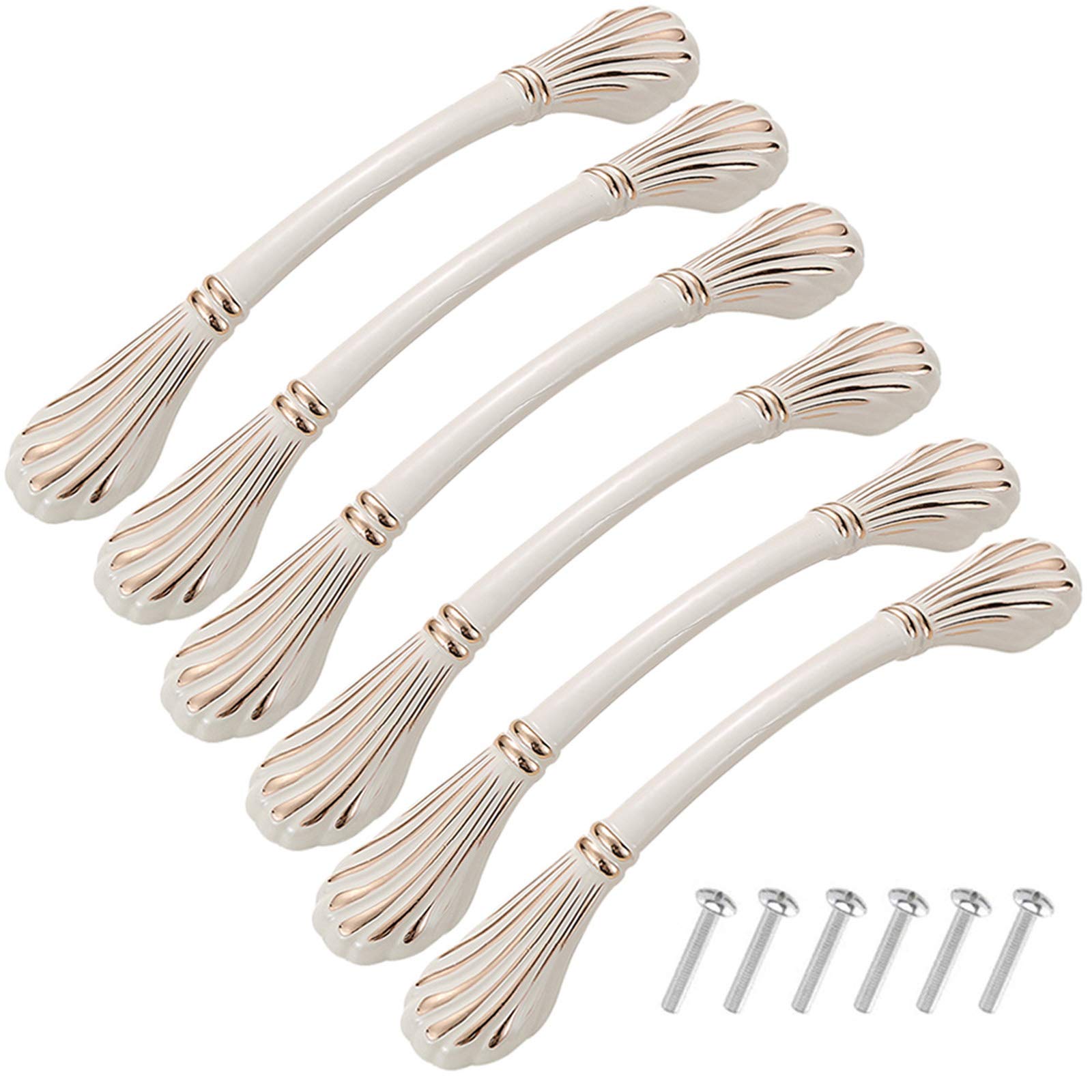 KanDery 6PCS Vintage Cabinet Handles, Chic Drawer Pull, Furniture Door Pull, Antique Kitchen Cupboard Handle, 128mm Hole Center, Ivory