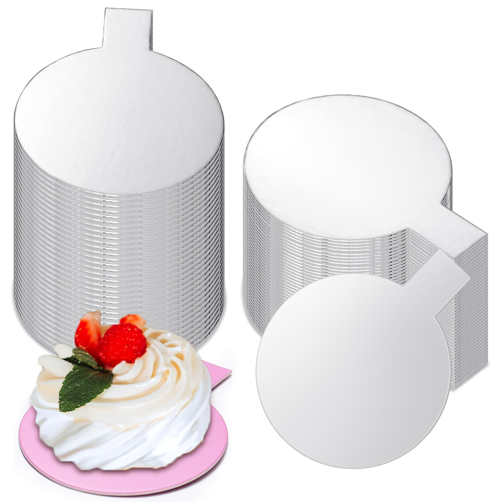 Photo 1 of Teenyyou 200 Pcs 2 Inch Round Cake Board with Tab Mini Pastry Reversible Waxed Cake Board for Dessert Display Trays Pastry Plates (Silver)