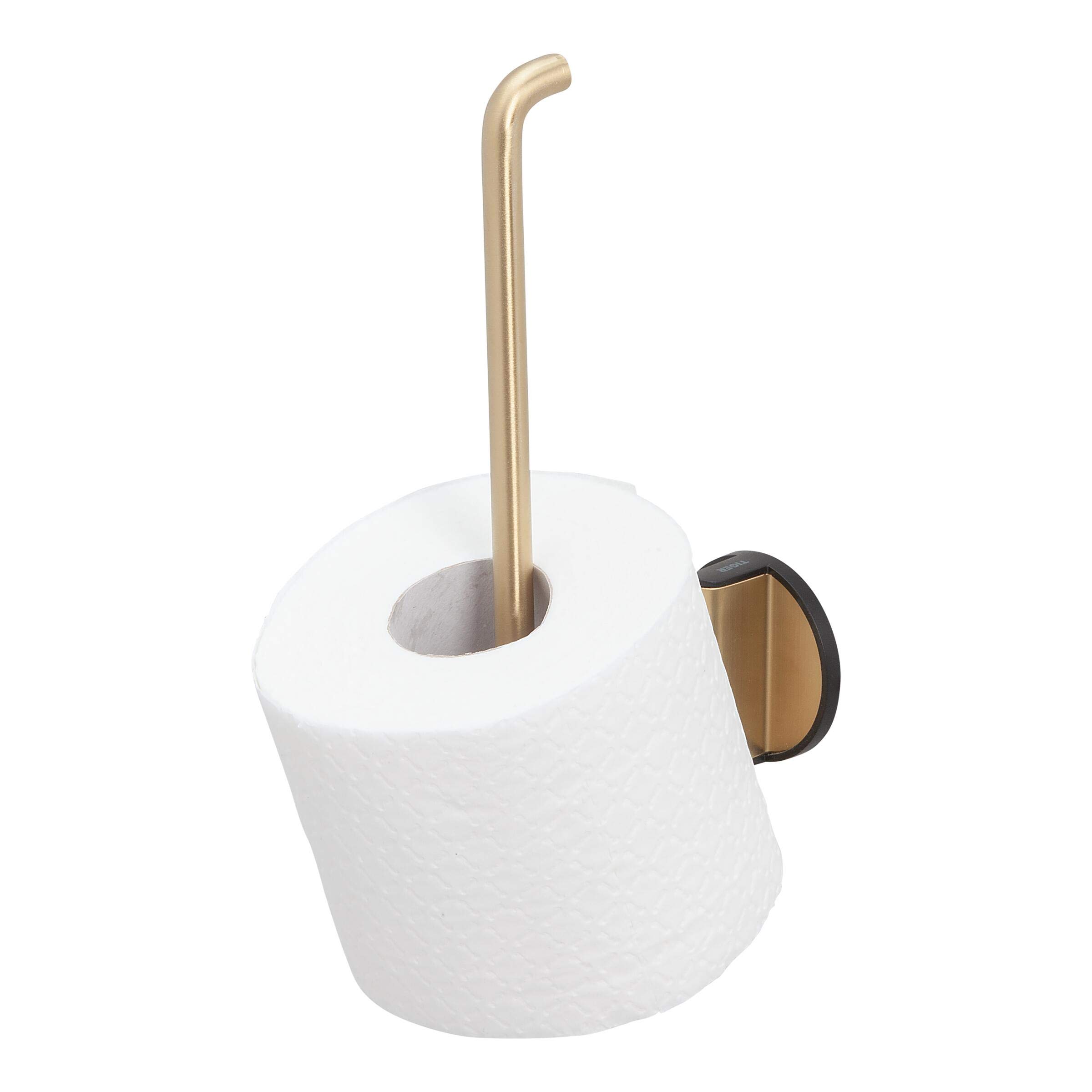 Tiger Tune Spare Toilet Roll Holder, No Drilling Required Thanks to 3M Self-Adhesive Backing System, Optional Mounting with Screws and Plugs, Brass Brushed, Black, 5.4 x 23 x 9.4 cm