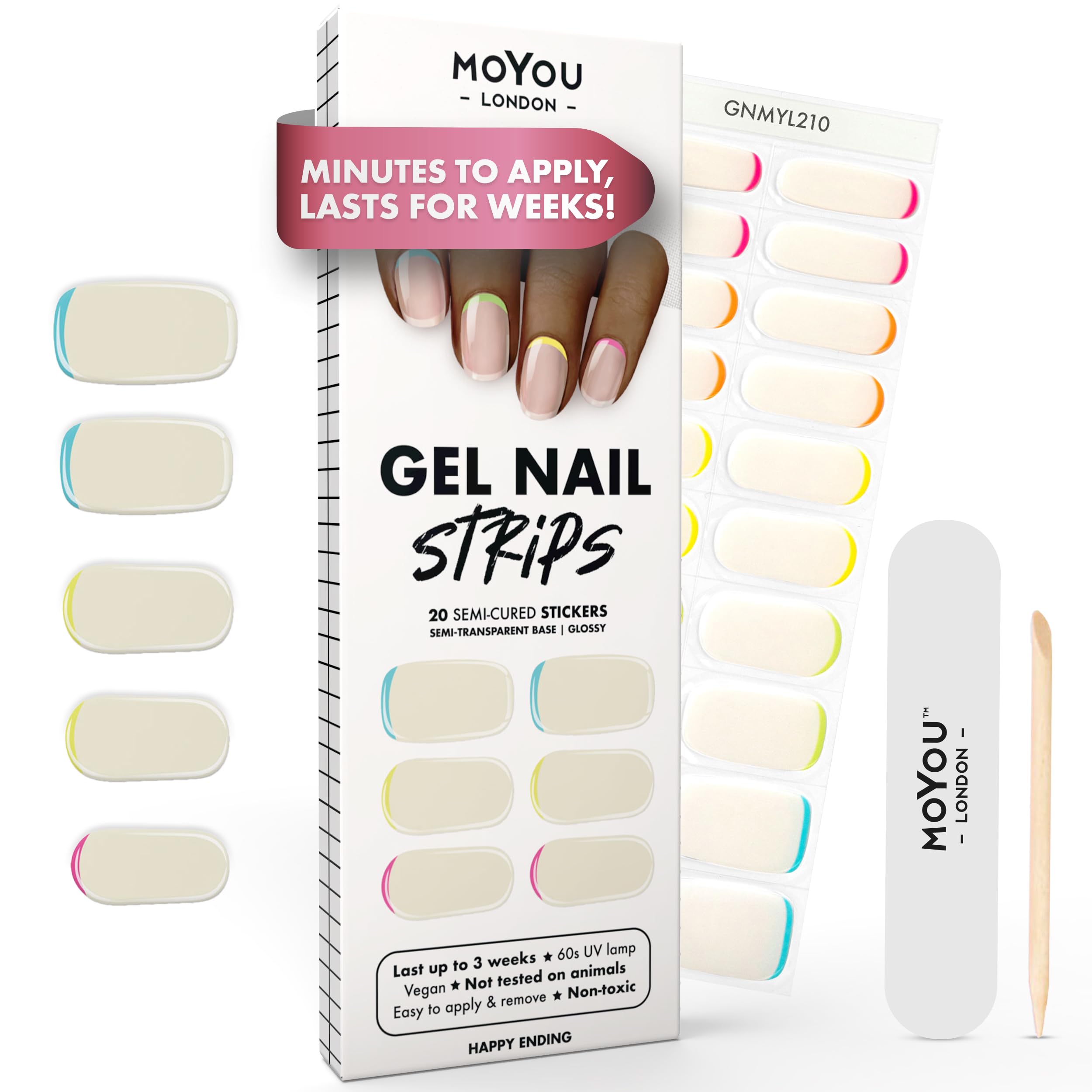 MOYOU LONDON Semi Cured Gel Nail Strips - 20 Pcs. Waterproof Gel Nail Wraps, Cures in Sunlight or UV/LED Lamp, Lasts Up to 2+ Weeks, Stretchable, Easy to Apply & Remove, Vegan & Cruelty-Free