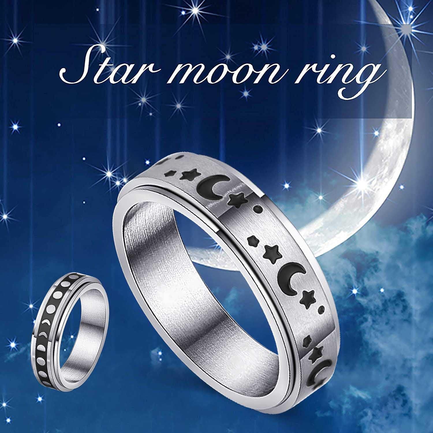 WFYOU 8Pcs Stainless Steel Fidget Rings for Women Men Anxiety Rings Moon Star Matching Rings Cuban Link Chain Ring Flower Cat Spinner Band Rings Set: Jewelry