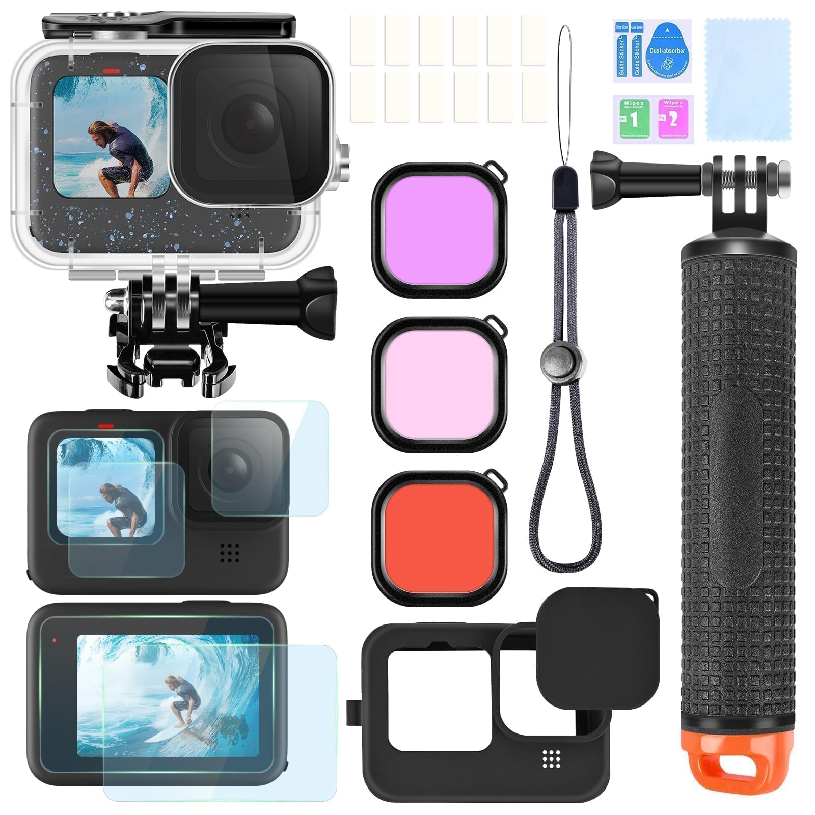 ShipeeKin Accessory Set Kit for Gopro Hero 12 11 10 9 Black, Waterproof Diving Housing Underwater Floating Handle Glass Film Red Filter Silicone Protective Case with Lens Cover Anti-Fog Inserts