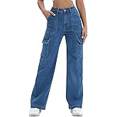 ETTELO Women Cargo Jeans High Waist Y2K Straight Leg Trendy Stretchy Lightweight Jeans for Women