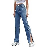 Straight Leg Jeans for Women Split Hem Classic Relax Fit High Waisted Stretchy Bootcut Jeans Denim Pants with Pockets