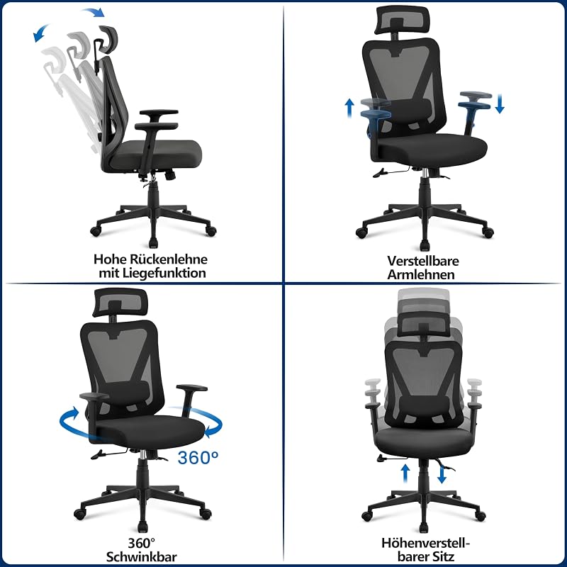Bürostuhl ergonomischer schreibtischstuhl mit Verstellbarer Kopfstütze & Lendenwirbelstütze, atmungsaktiver Netzstuhl mit breitem Sitz, S-förmige Rückenlehne, 360° drehbar Schwarz