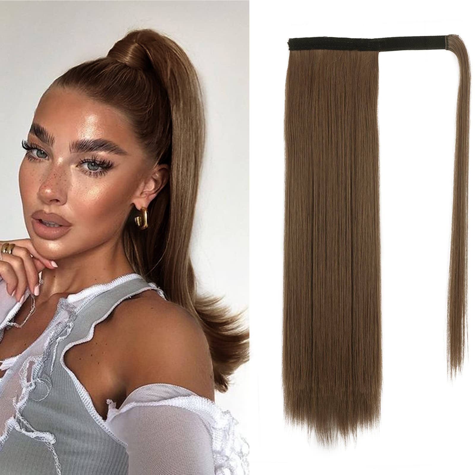 Photo 1 of BARSDAR Golden Brown Straight Wrap Ponytail Extensions - 18 Inch Long Straight Wrap Around Ponytail for Women - Synthetic Clip in Brown Pony Tails Hairpieces Daily
