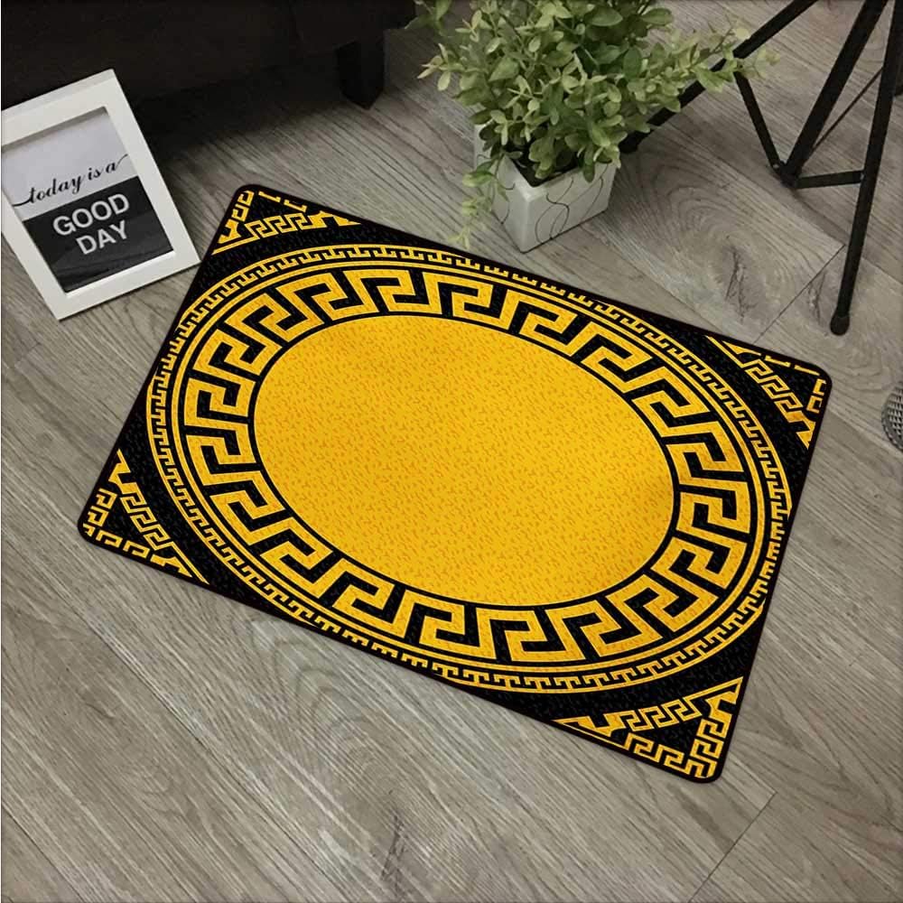 Greek Key，Heavy Duty Doormat Sun Inspired Big Circle with Antique Fret and Triangular Ornaments W 16"x L 24" Outdoor rubber mats Charcoal Grey Marigold