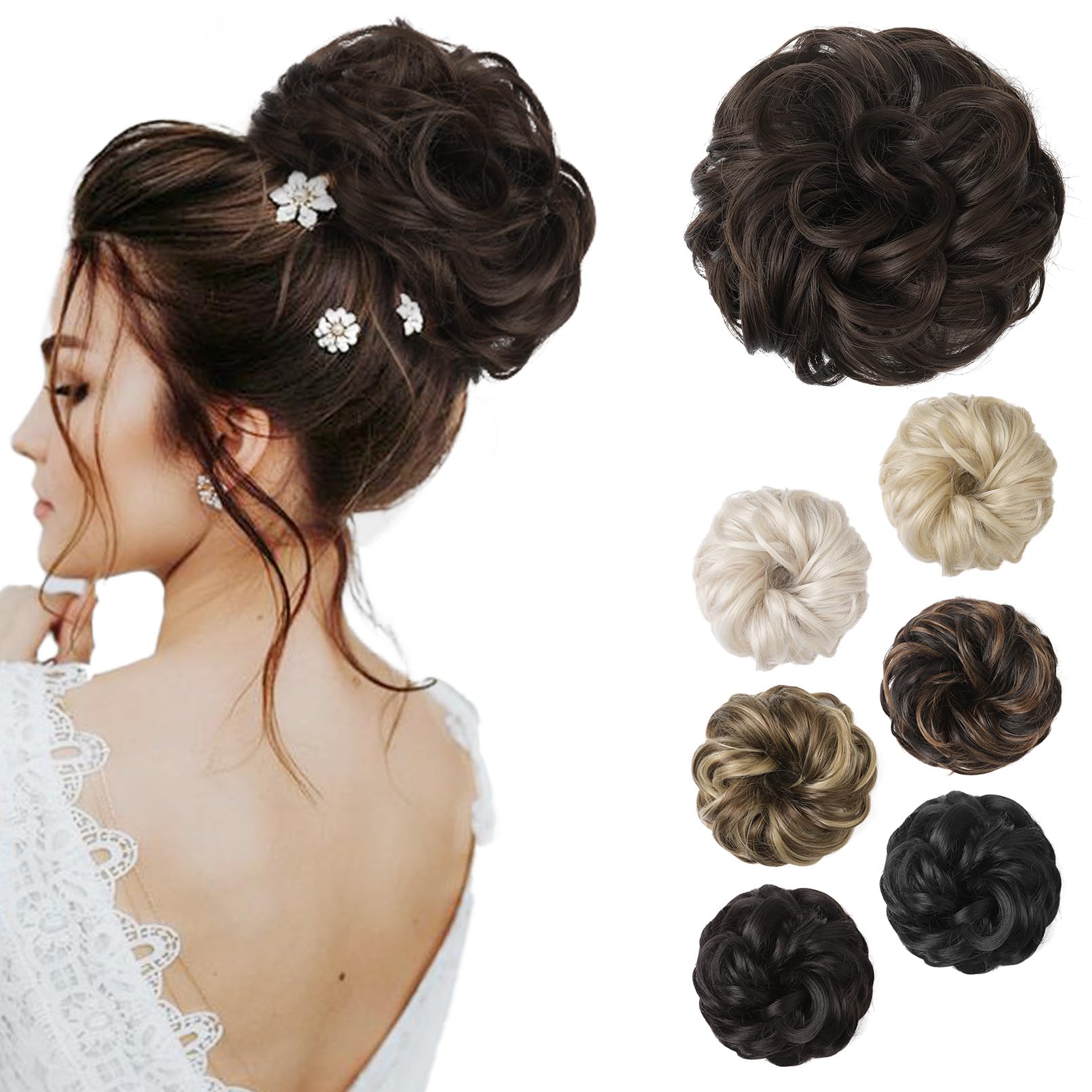 REECHO Messy Bun Hair Piece - Thick Tousled Updo Elastic Synthetic Ponytail Extensions for Women - Donut Hair Accessories Scrunchies - Chocolate Brown