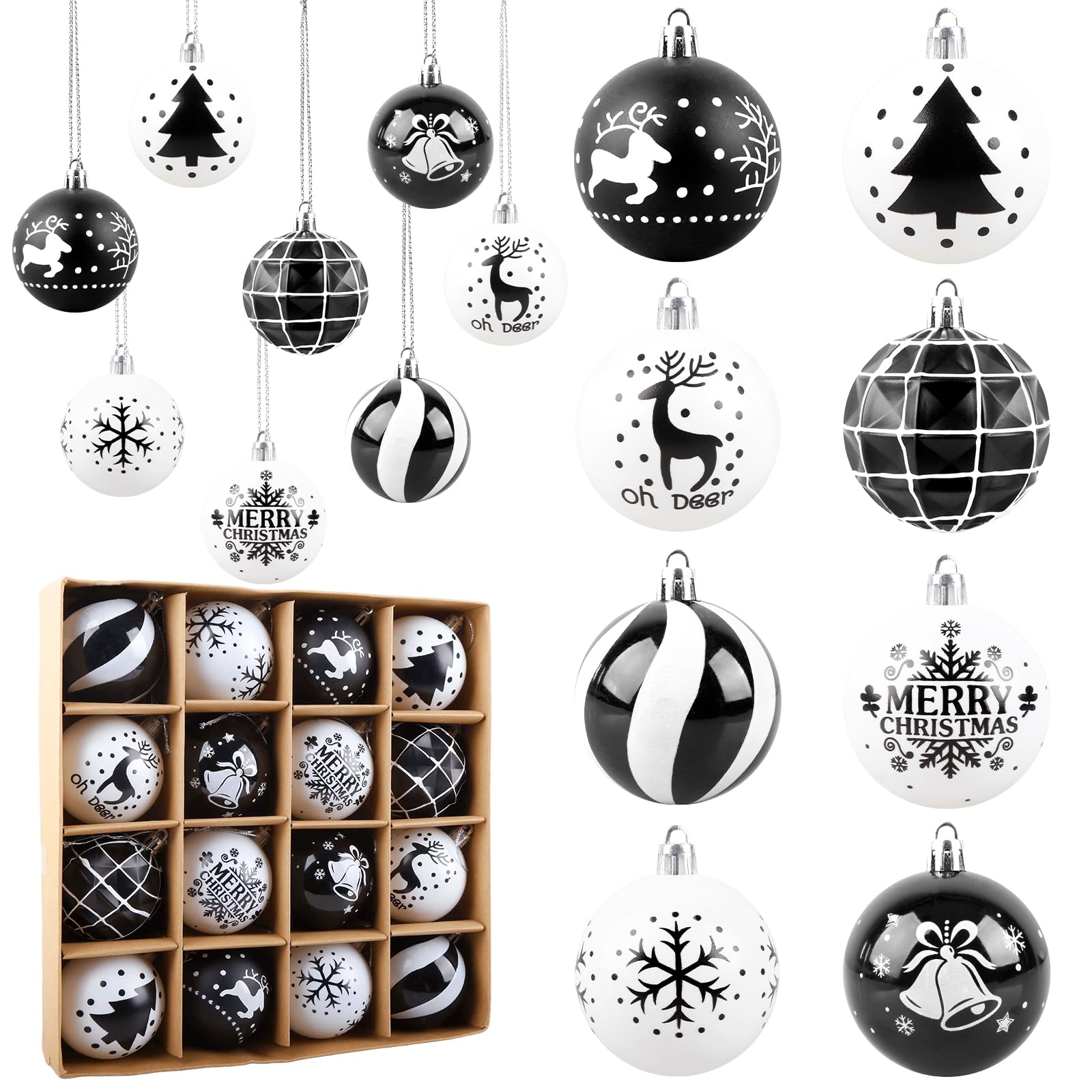 Aitsite 16 Pcs Christmas Baubles, Black and White Shatterproof Xmas Baubles Christmas Tree Decorations Large Balls Ornaments Hanging Decorations for Xmas Holiday Party Home