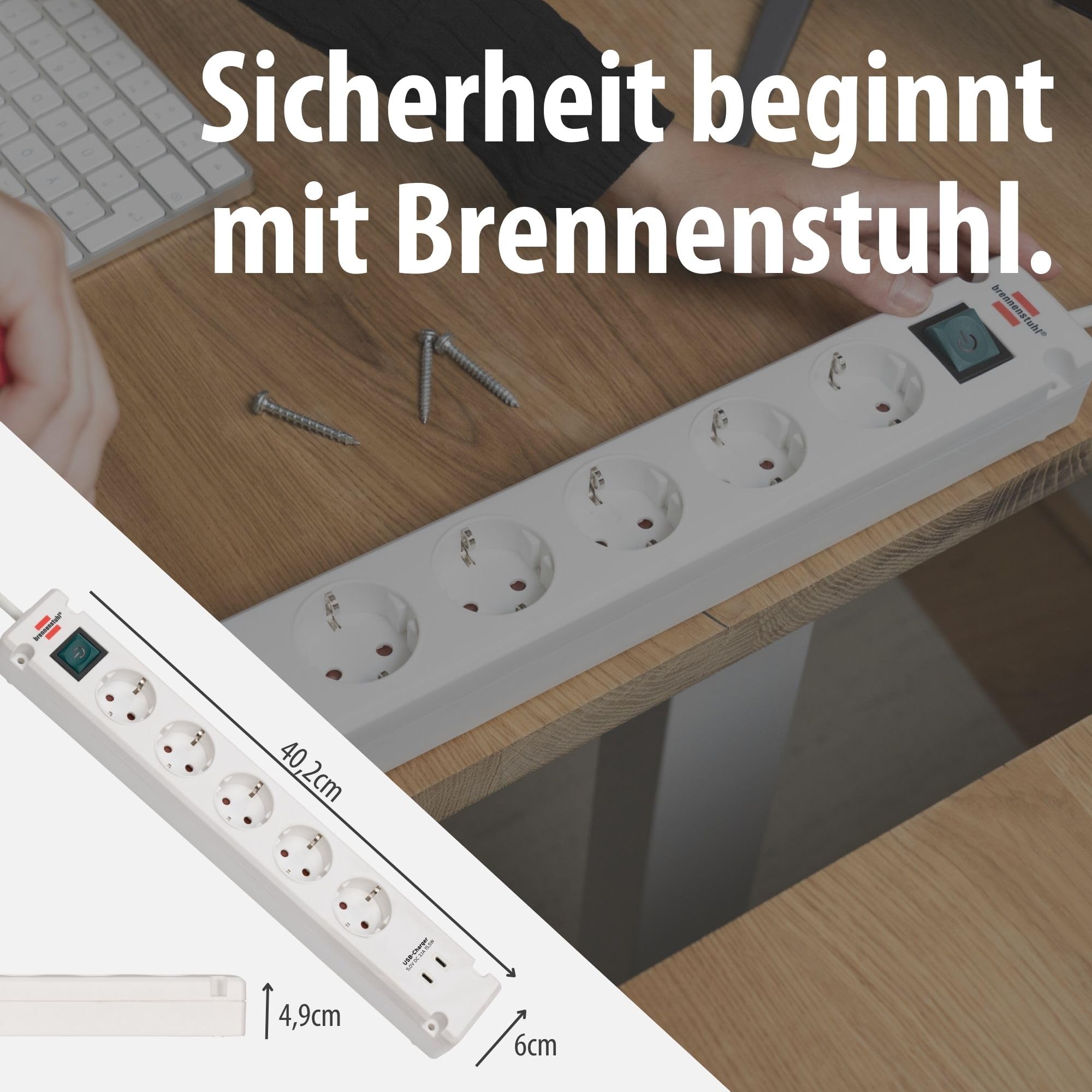 Brennenstuhl Bremounta Steckdosenleiste 5-Fach mit USB C-Ladefunktion (Mehrfachsteckdose mit Schalter, Steckerleiste Wandmontage, 2X USB C und 3m Kabel) weiß 6