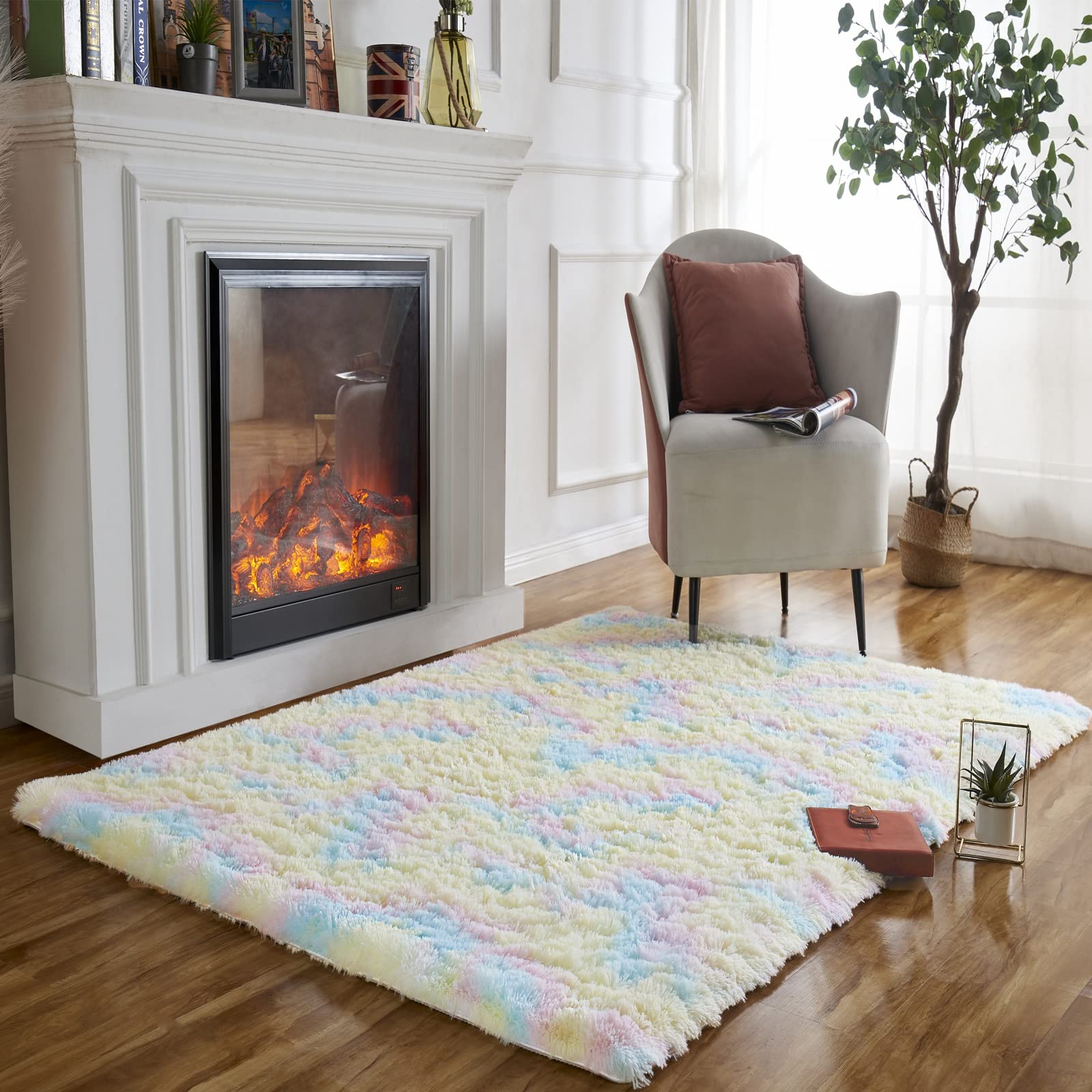 Obundi Soft Shaggy Rug,Rainbow Fluffy Carpet, Square Durable Area Rugs for Bedroom,Living Room,Kidsroom (Rainbow,80×120 cm)