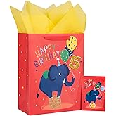 Loveinside 5th Birthday Elephant Gift Bag with Tissue Paper, Gift Tag and Greeting Card for Kids, Party and More, 10" x 5" x 13", 1 Pcs, 5 Years Old