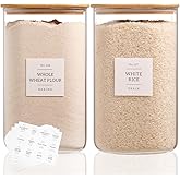 2 Pack large Square Glass Flour and Sugar Containers with 132 Kitchen Pantry Labels - Thicken 149 floz Glass Storage Jars with Airtight Bamboo Lid - Big Rice Canisters for Coffee, Pasta, Cereal