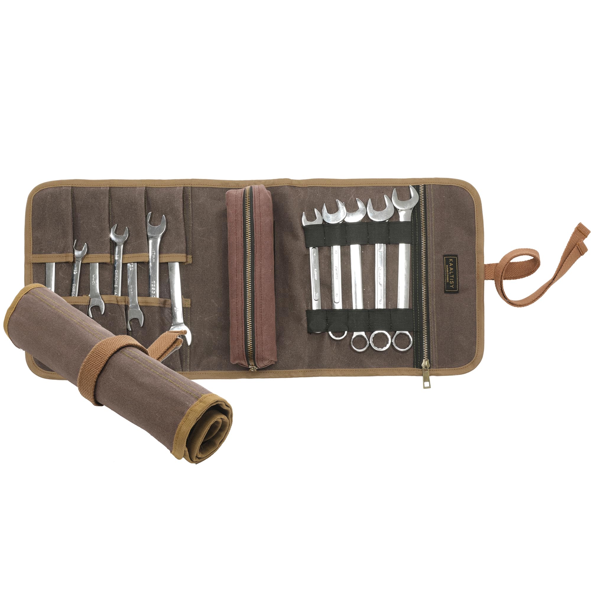 Waxed Canvas Tool Storage Roll | Multifunctional Wrench & Tool Organization Bag - 1 Removable Pouch & 7 Slots & Canvas Tie Rope - Grey + Brown